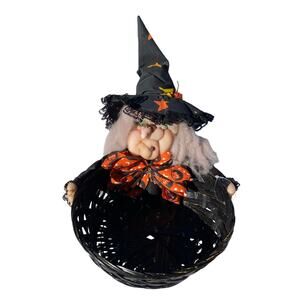 Vintage 90s Halloween Plush Witch Candy Basket Wicker VTG Decor 10x10x4